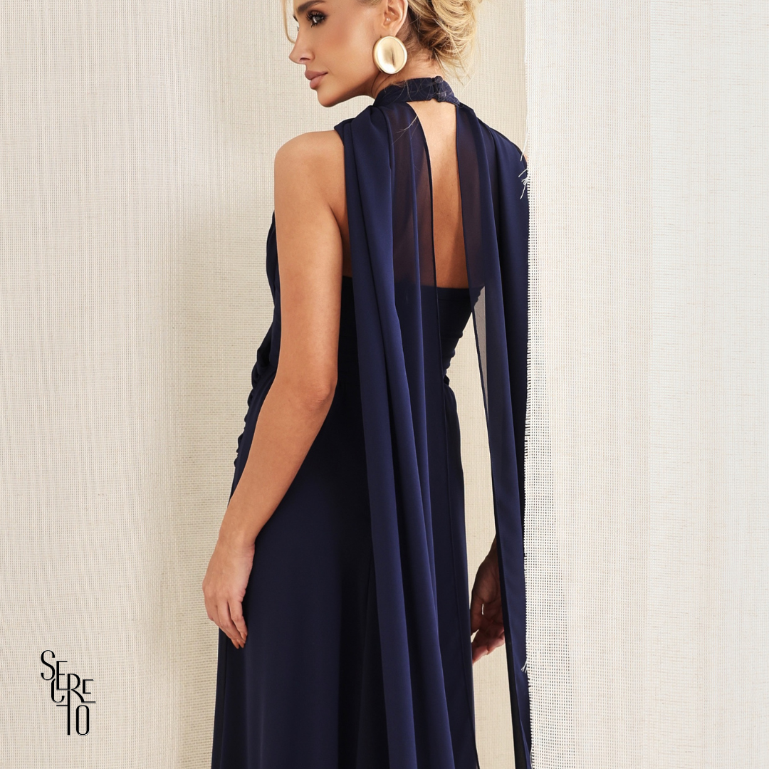 Vestido Longo Cruzado Capa Ottavia Azul Marinho