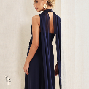 Vestido Longo Cruzado Capa Ottavia Azul Marinho