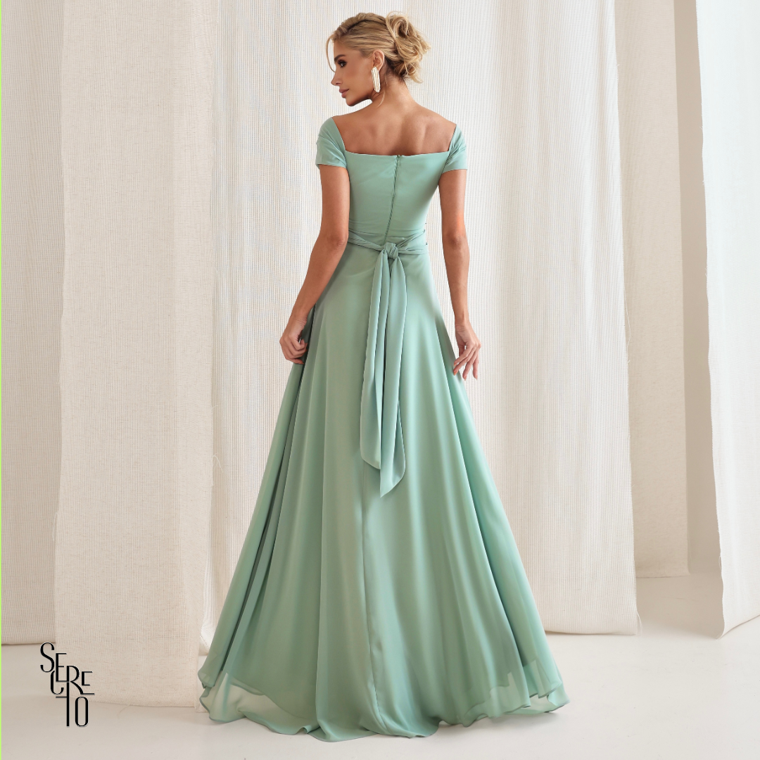 Vestido Longo Drapeado Com Faixa Zelia Verde Sage