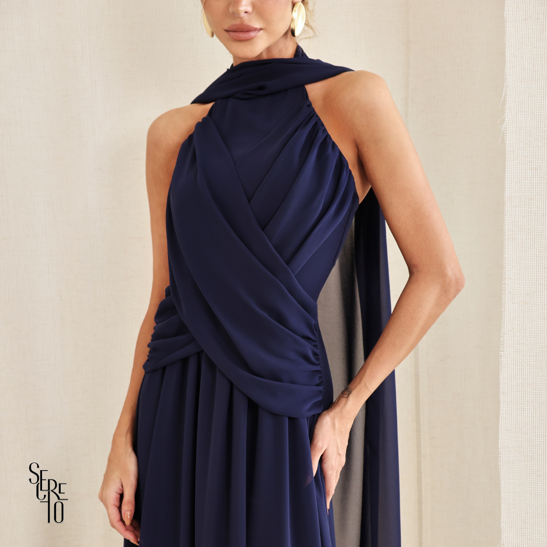 Vestido Longo Cruzado Capa Ottavia Azul Marinho