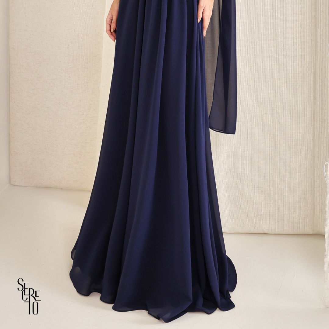 Vestido Longo Cruzado Capa Ottavia Azul Marinho