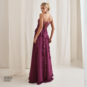 Vestido Longo Babados Eleonore Fucsia