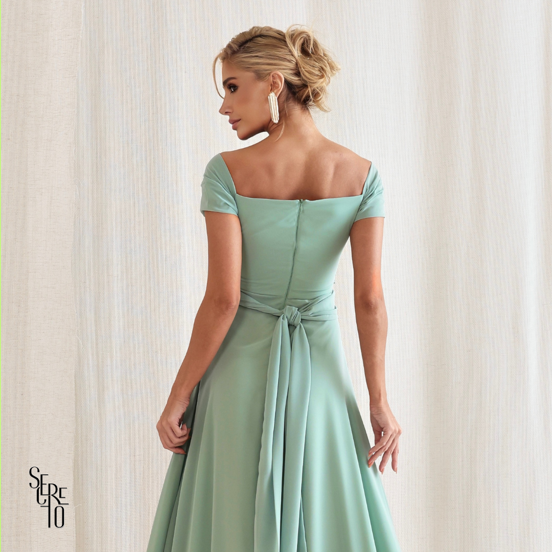 Vestido Longo Drapeado Com Faixa Zelia Verde Sage