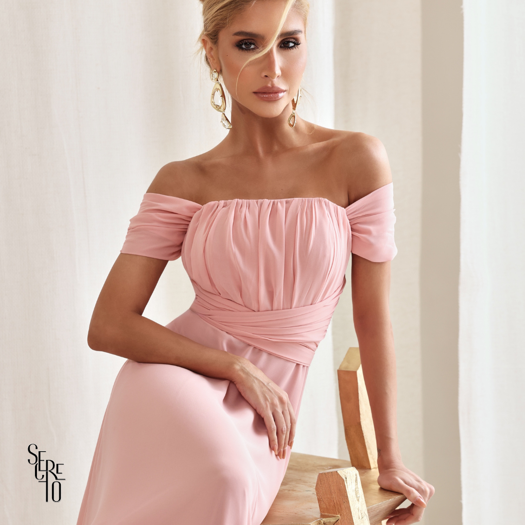 Vestido Longo Drapeado Com Faixa Zelia Rosa Claro