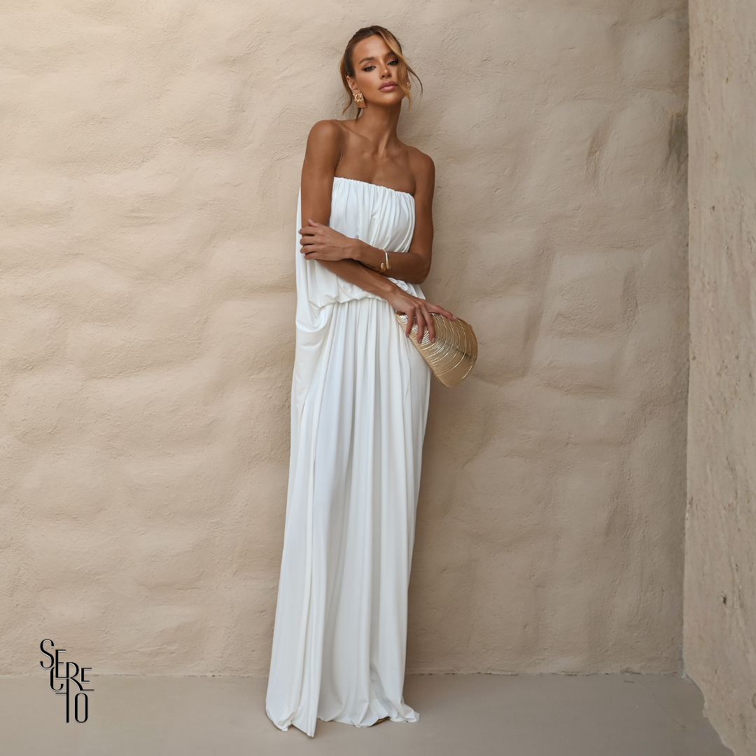 Vestido Longo Blusê Drapeado Hellena Branco