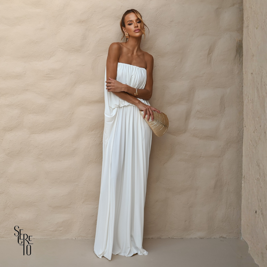 Vestido Longo Blusê Drapeado Hellena Branco