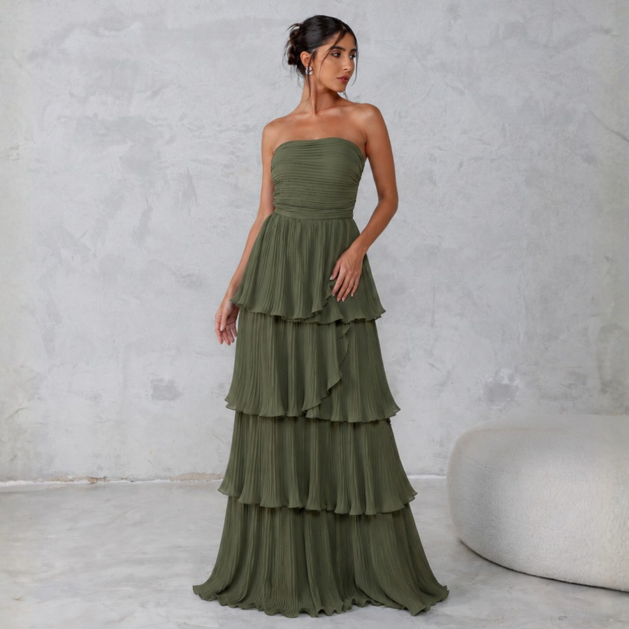 Vestido Longo TQC Plissado Camadas Lilla Verde Militar