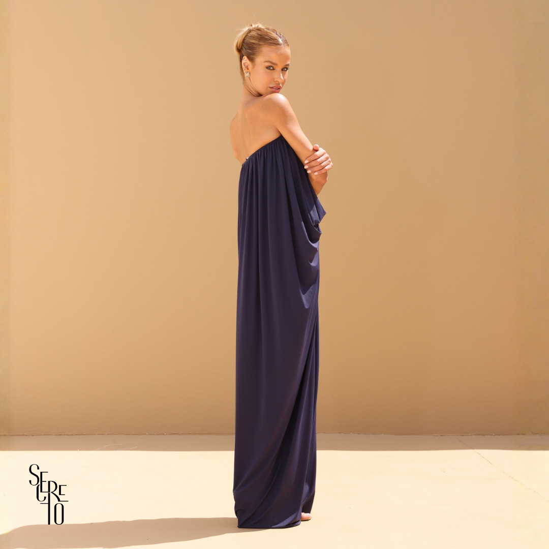 Vestido Longo Blusê Drapeado Hellena Azul Marinho