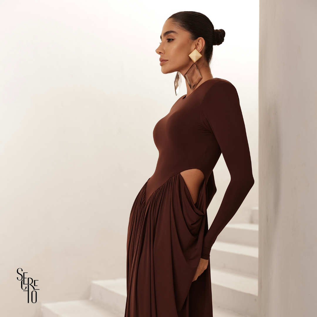 Vestido Longo Manga Longa Jessica Marrom