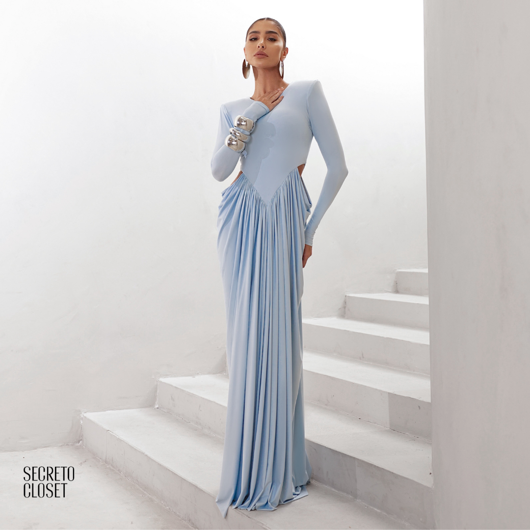 Vestido Longo Manga Longa Jessica Azul Serenity