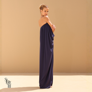 Vestido Longo Blusê Drapeado Hellena Azul Marinho
