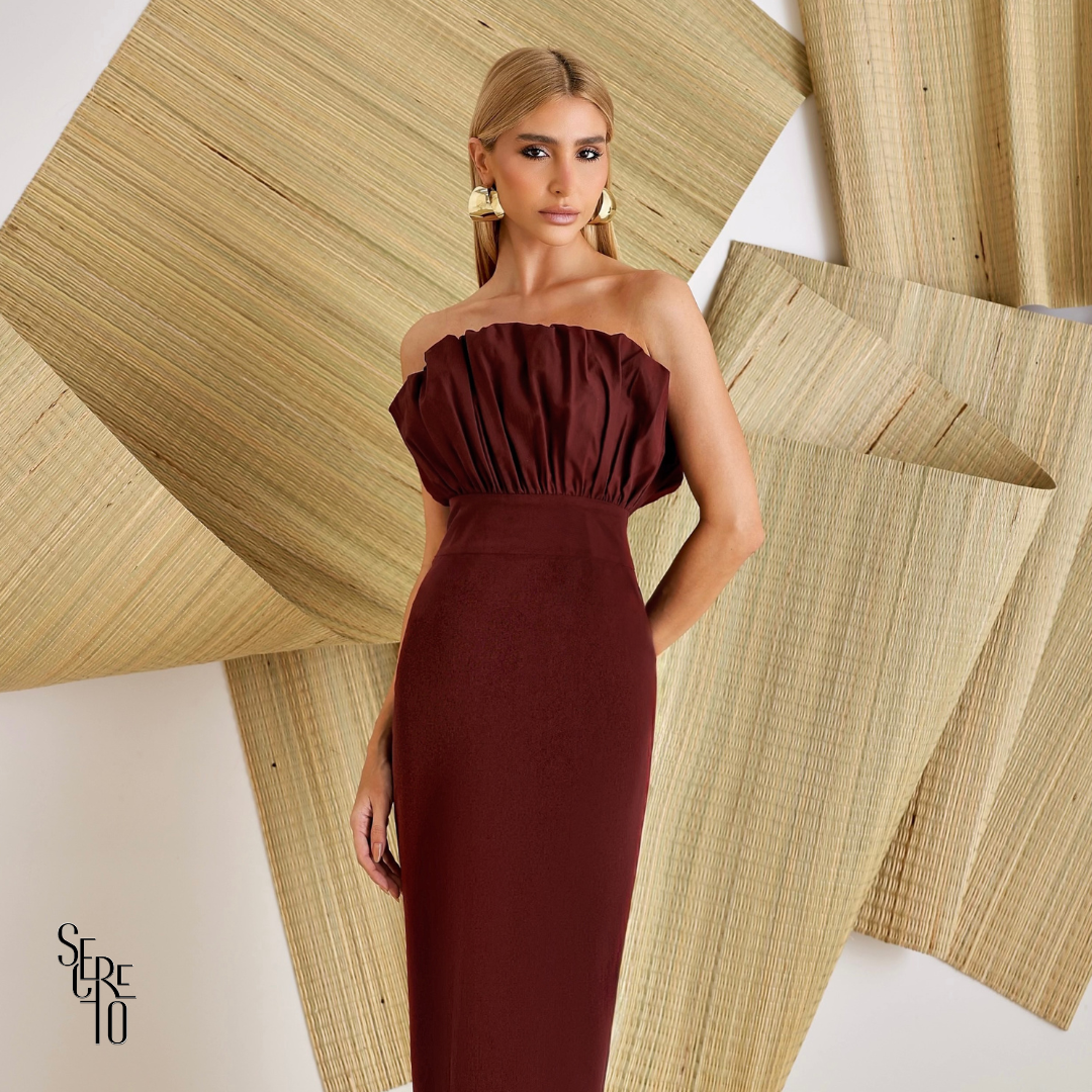 Vestido Tubinho Busto Leque Nina Vinho