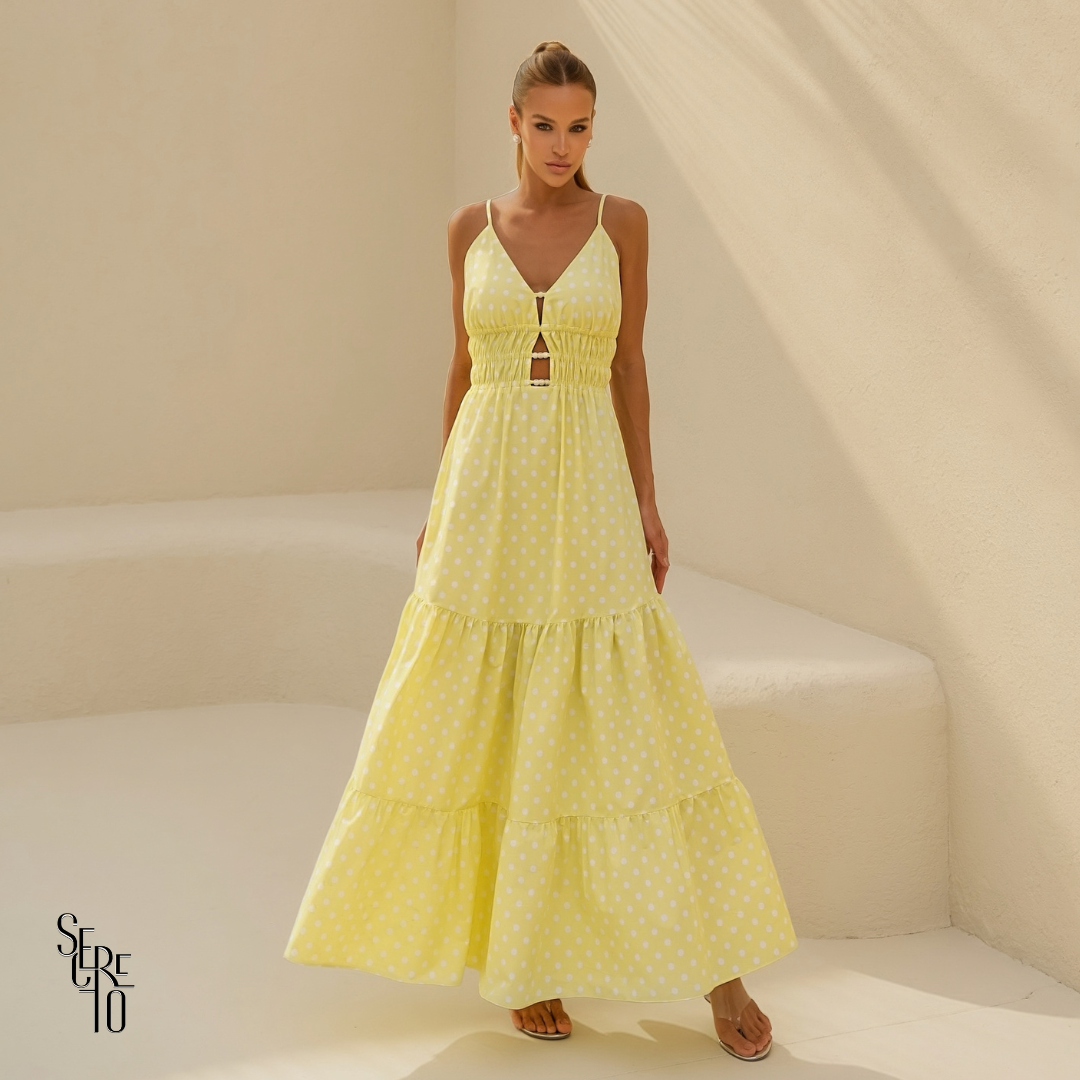 Vestido Longo Poá Fabricia Amarelo