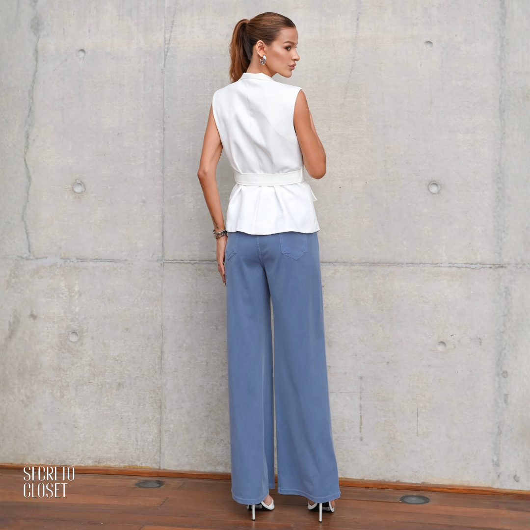 Calça Cos Elástico Marlene Azul Claro