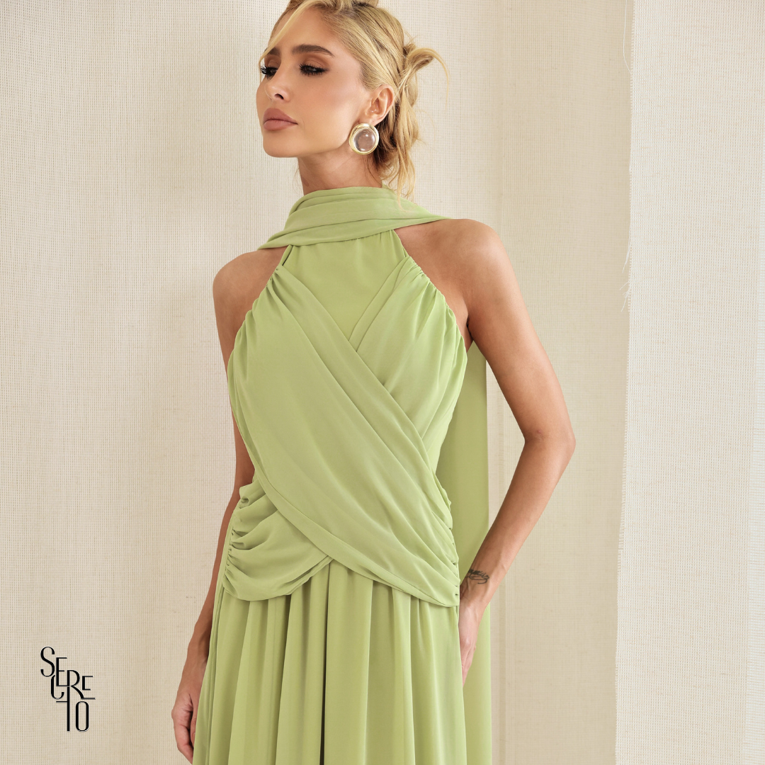 Vestido Longo Cruzado Capa Ottavia Verde Sage
