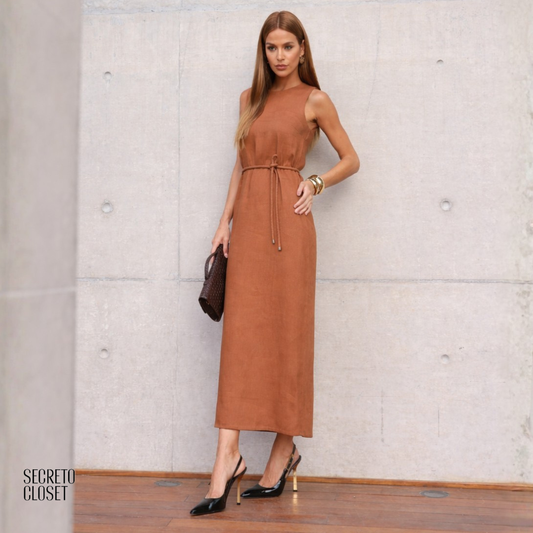 Vestido Midi Linho Cyntia Marrom