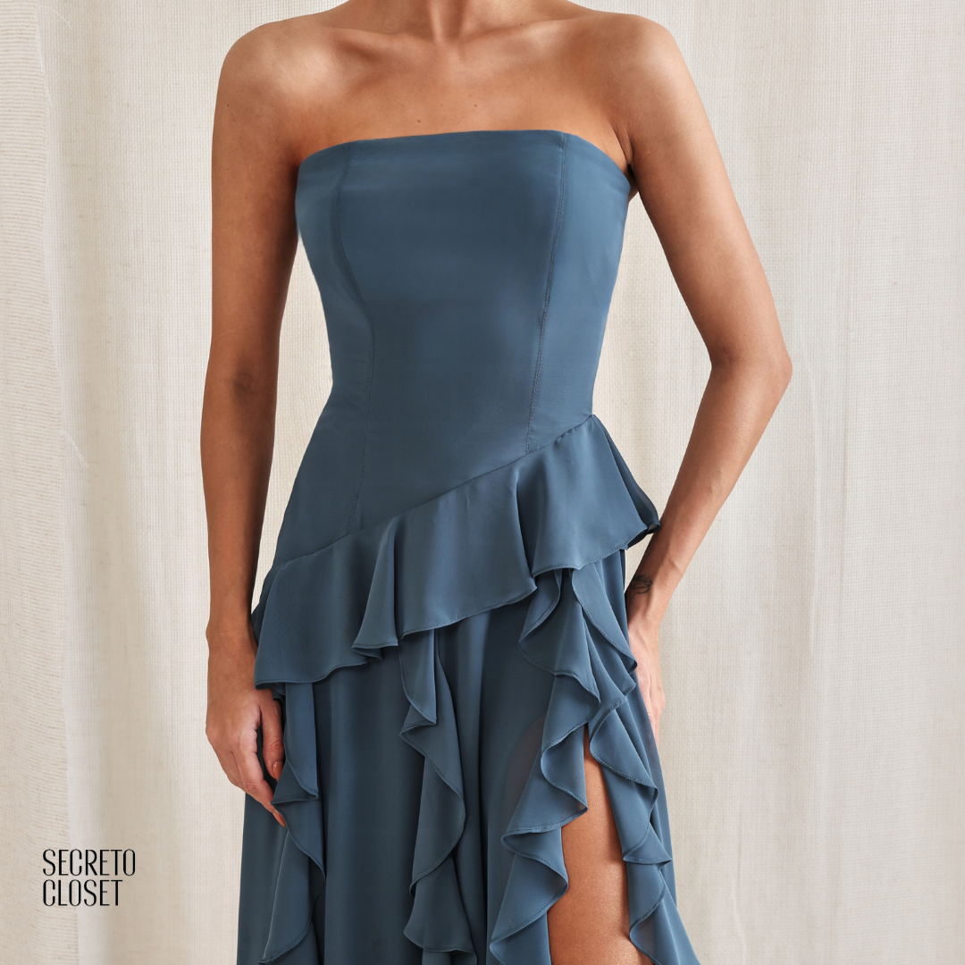 Vestido Longo Babados Eleonore Azul Garrafa