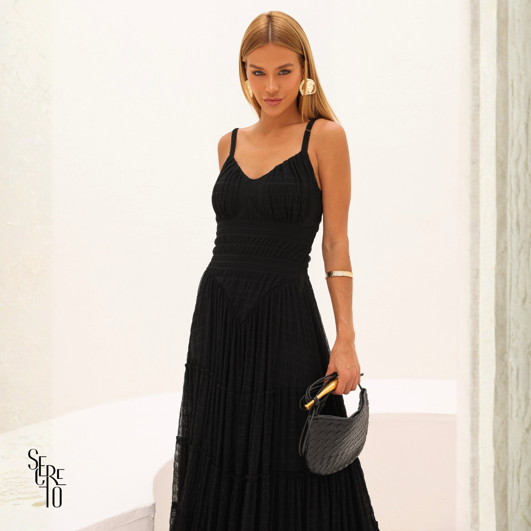 Vestido Tule Franzido Vivi Preto