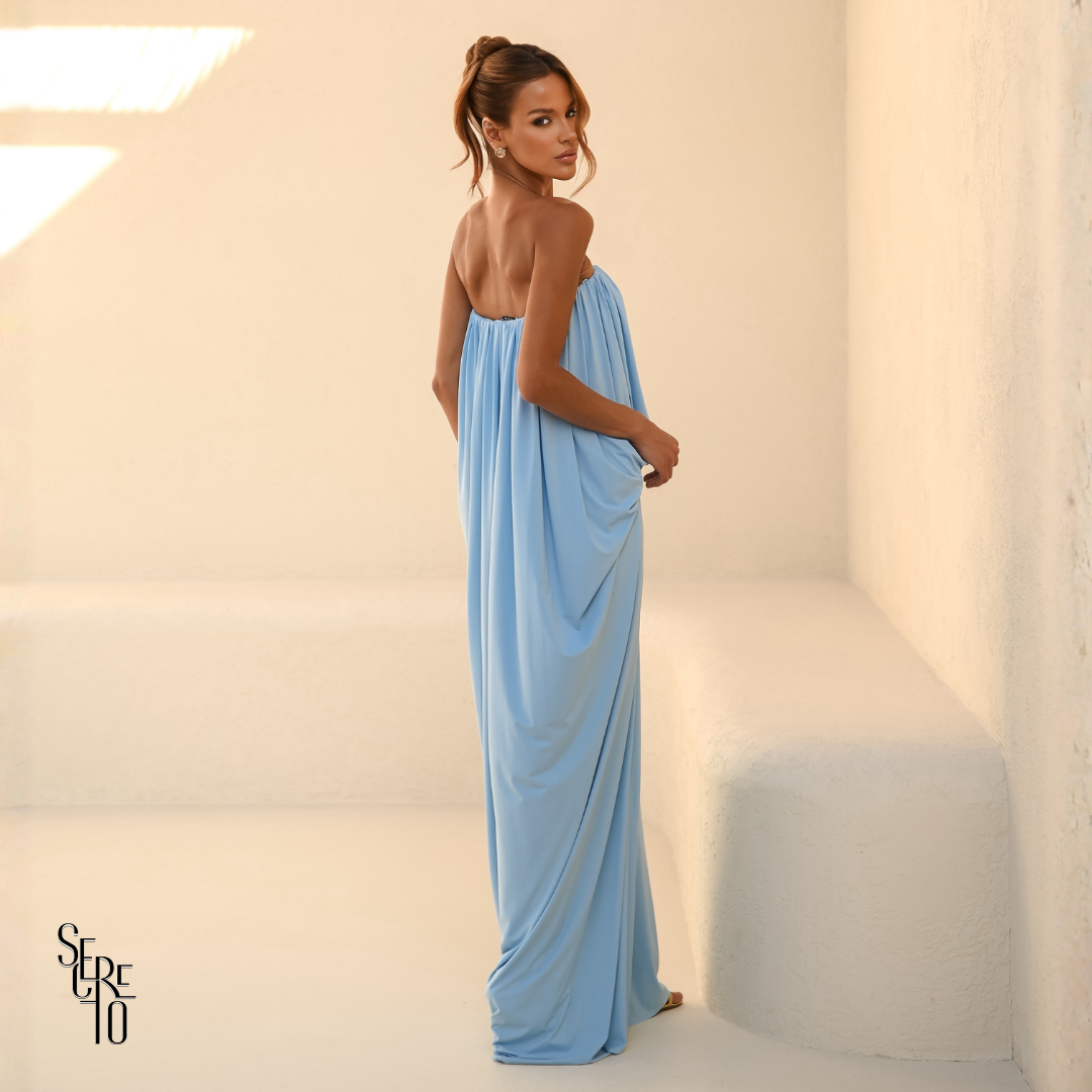 Vestido Longo Blusê Drapeado Hellena Azul Serenity