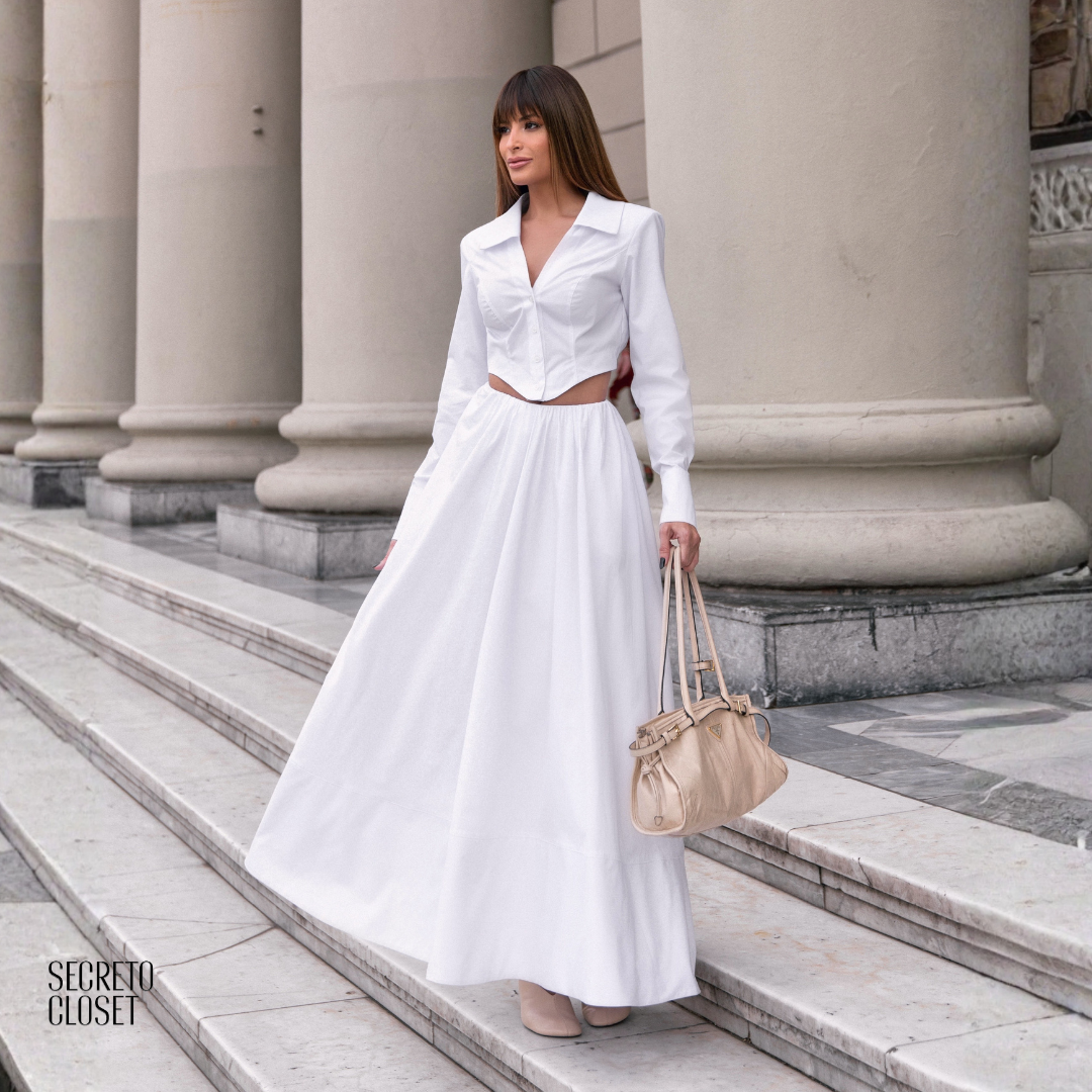 Conjunto Camisa e Saia Evasê Allana Branco