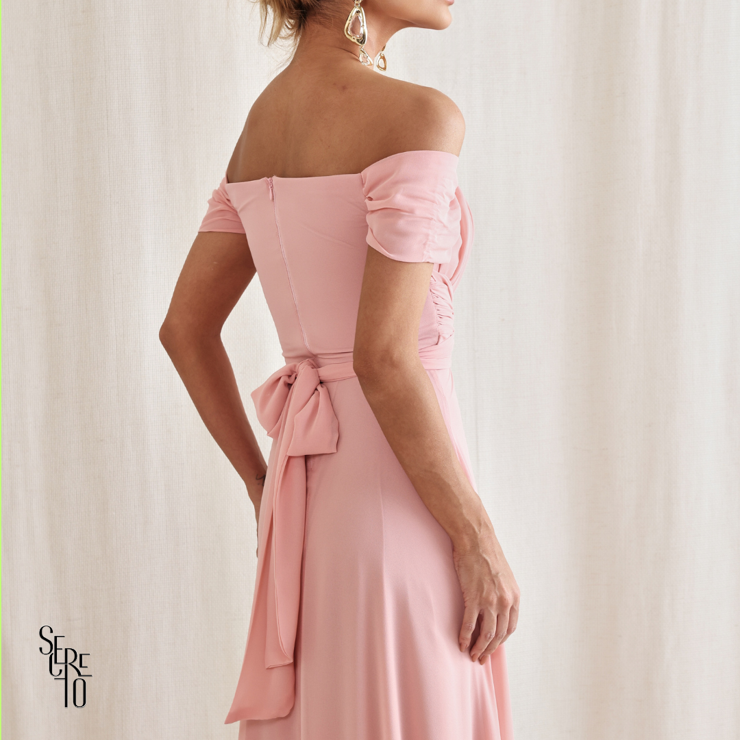 Vestido Longo Drapeado Com Faixa Zelia Rosa Claro
