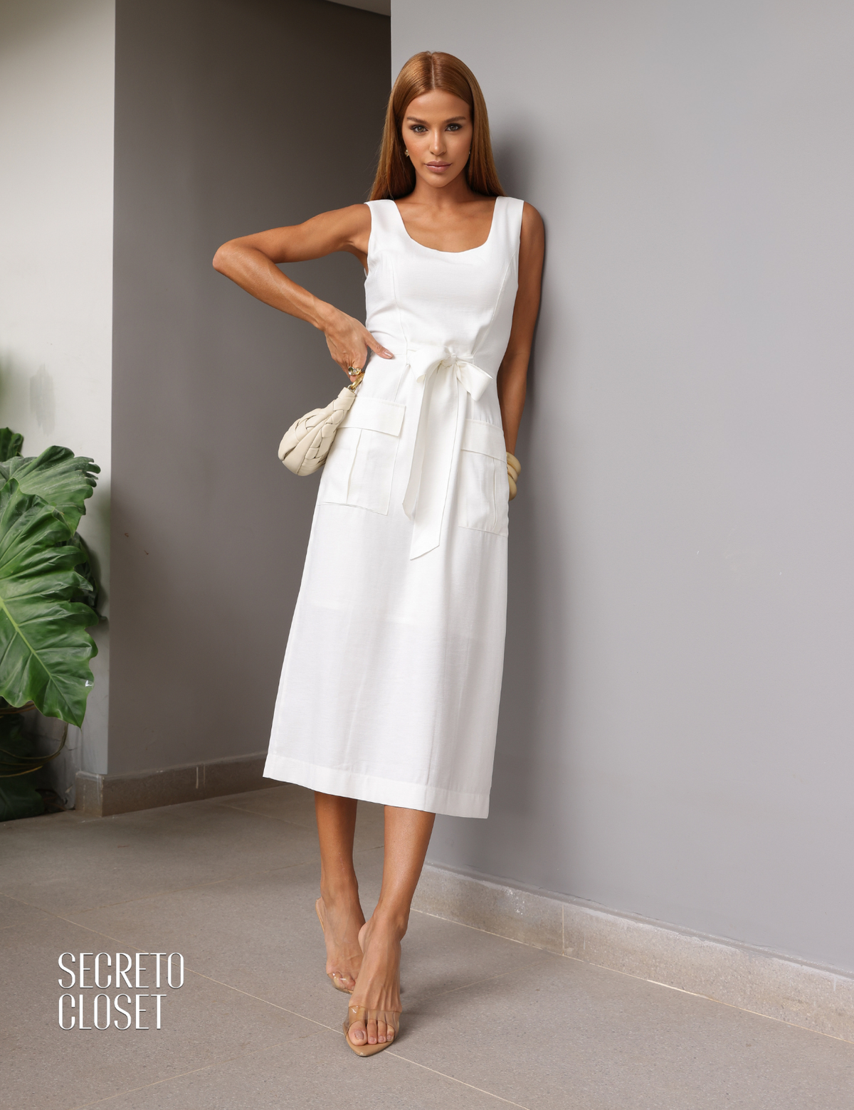 Vestido Midi Bolsos Amabilly Off White