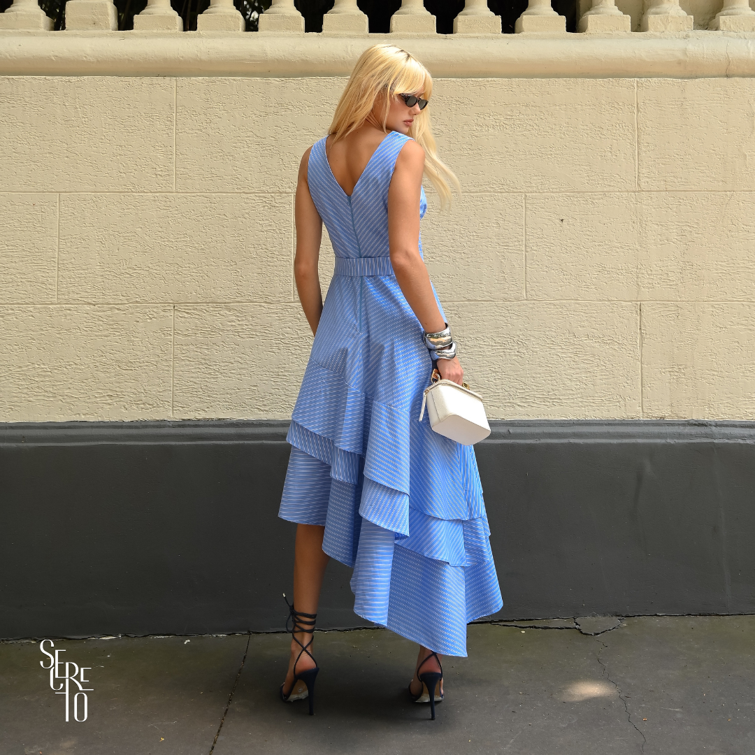 Vestido Listrado Assimétrico Sofia Azul