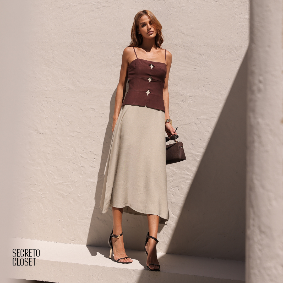 Vestido Midi Bicolor Vanessa Marrom