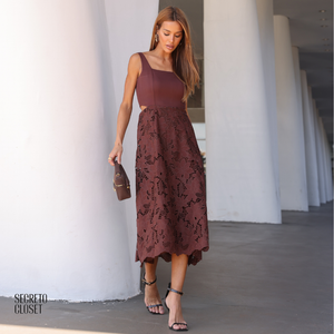 Vestido Midi Bordado Hazel Marrom