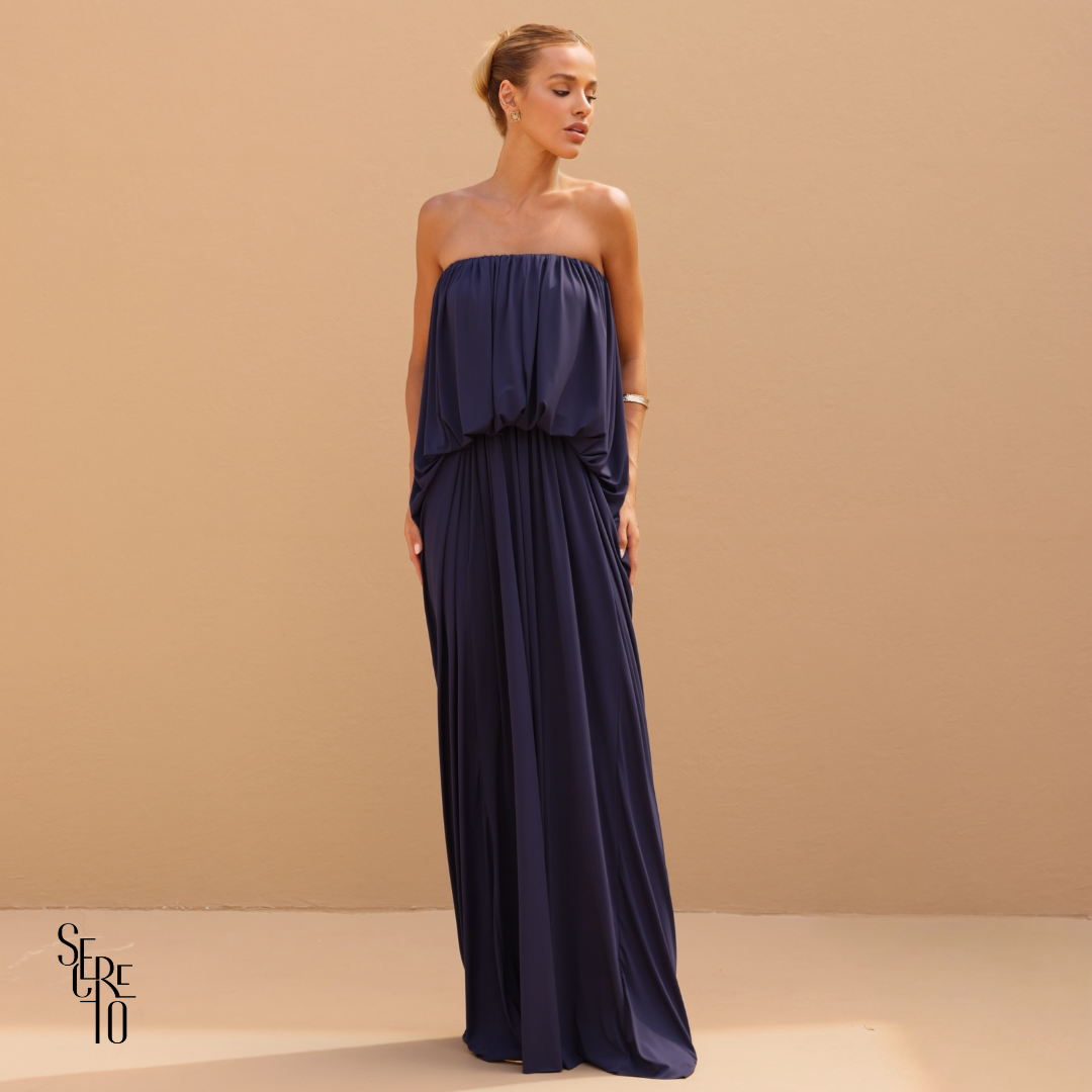 Vestido Longo Blusê Drapeado Hellena Azul Marinho