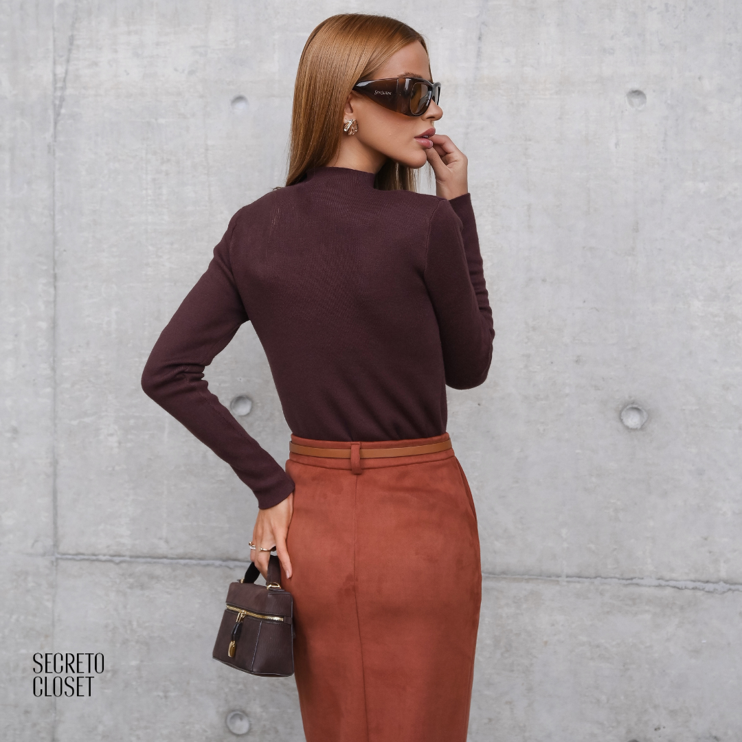 Saia Lápis Suede Valentina Camel