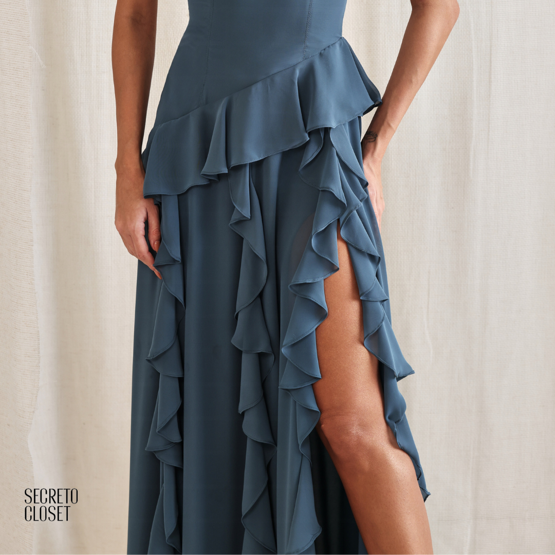 Vestido Longo Babados Eleonore Azul Garrafa