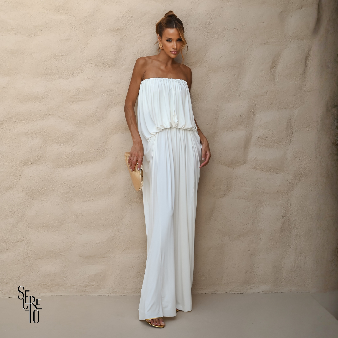 Vestido Longo Blusê Drapeado Hellena Branco