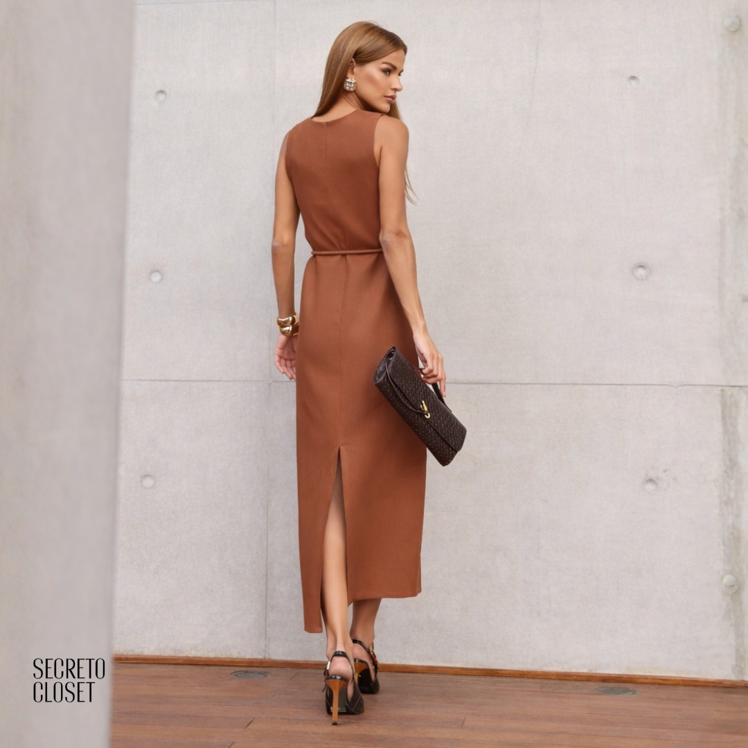 Vestido Midi Linho Cyntia Marrom