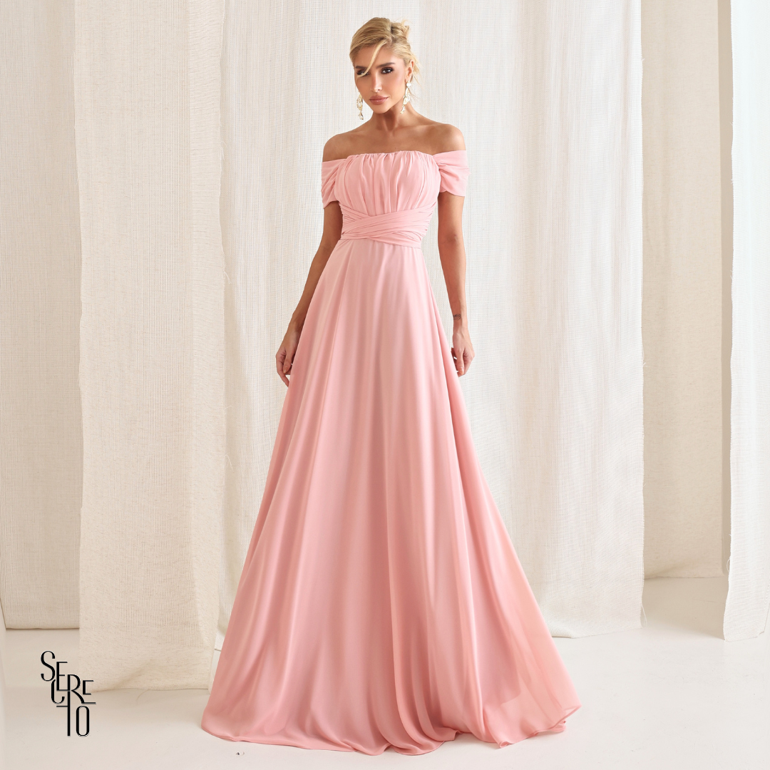 Vestido Longo Drapeado Com Faixa Zelia Rosa Claro