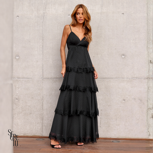 Vestido Longo Poé Renda Lolla Preto
