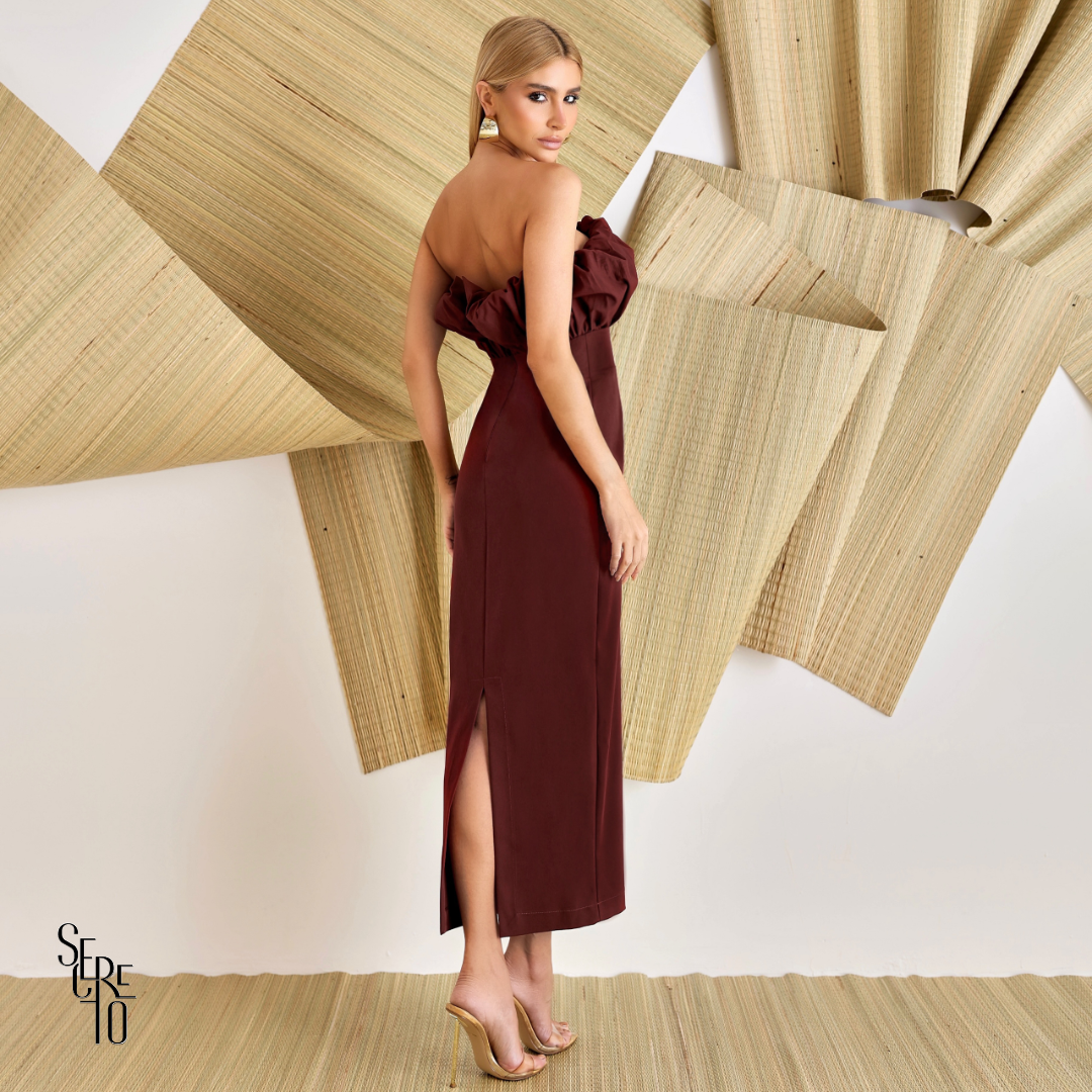 Vestido Tubinho Busto Leque Nina Vinho