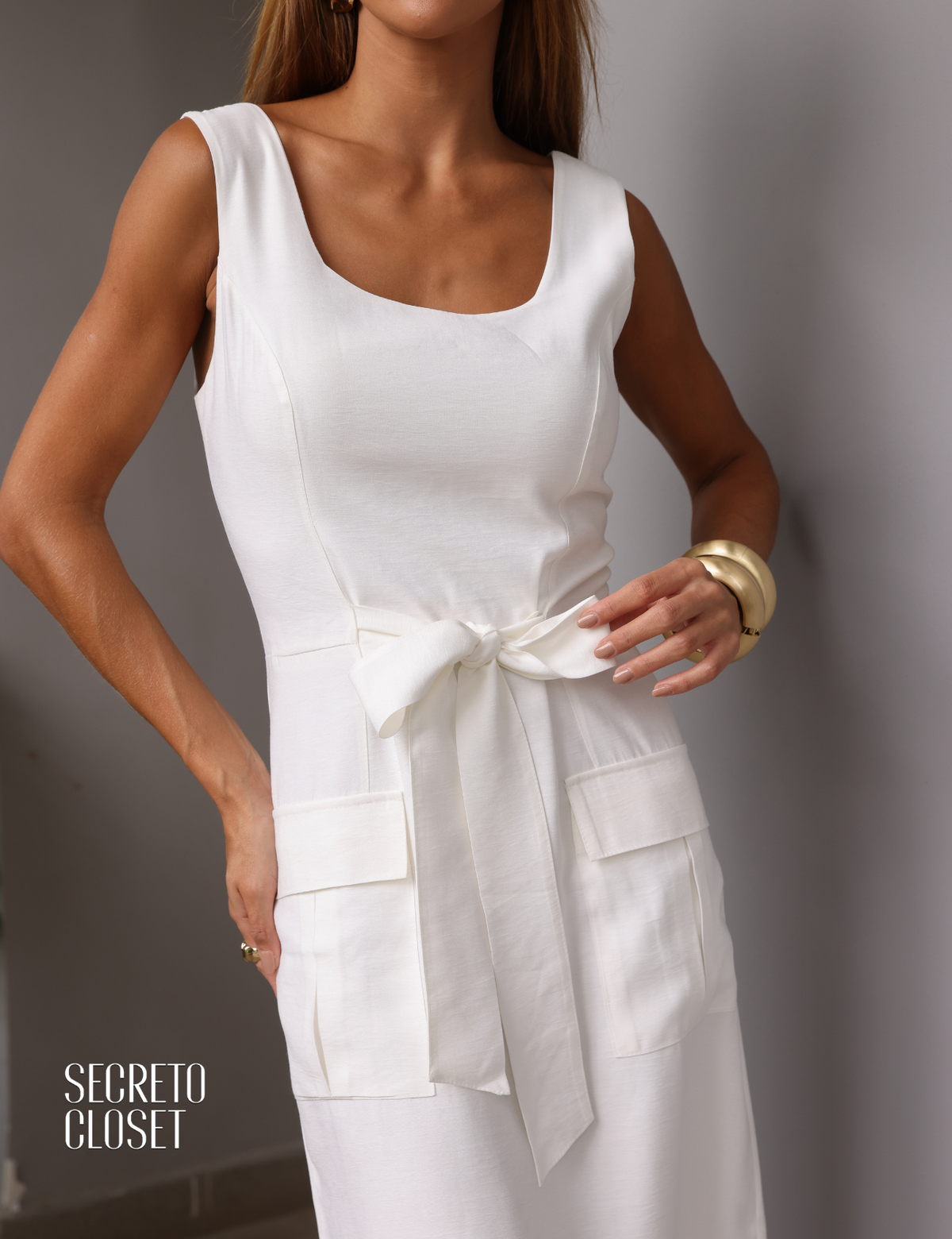 Vestido Midi Bolsos Amabilly Off White