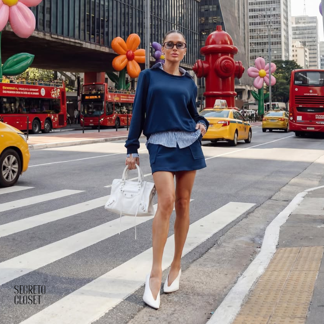 Conjunto Camisa e Short Saia Moletinho Elisa Azul Marinho
