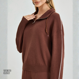 Conjunto Blusa e Calça Tricô Scarlett Marrom