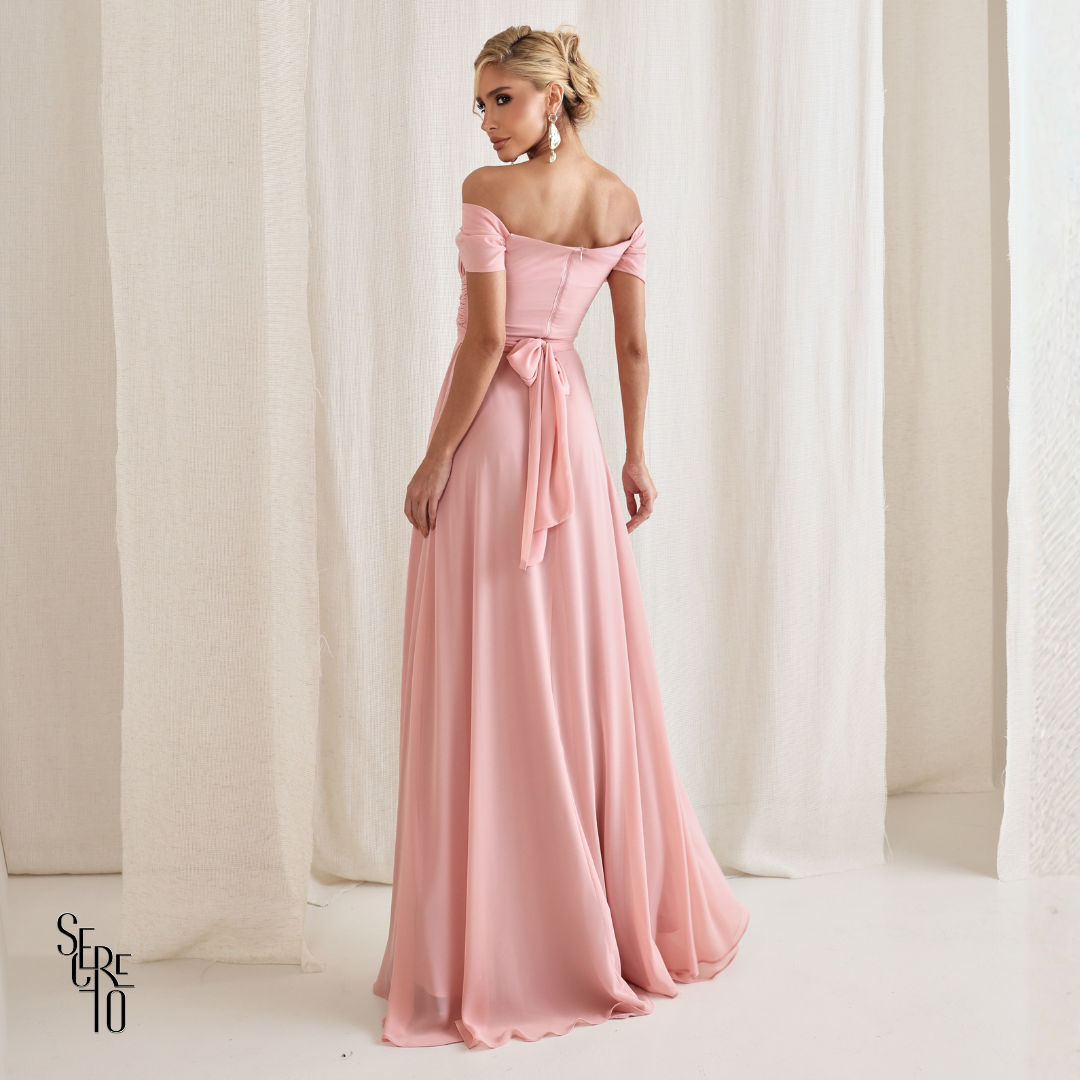 Vestido Longo Drapeado Com Faixa Zelia Rosa Claro