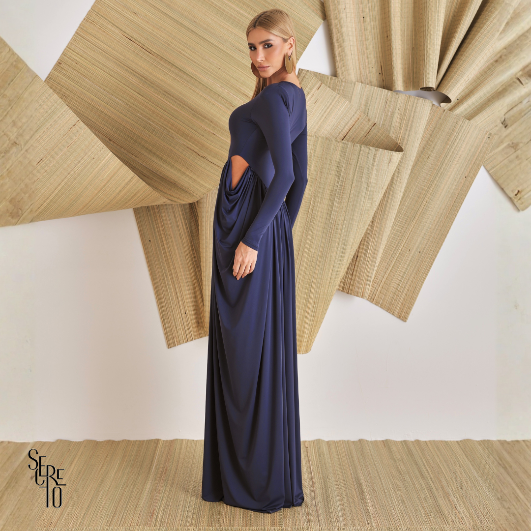 Vestido Longo Manga Longa Jessica Azul Noite