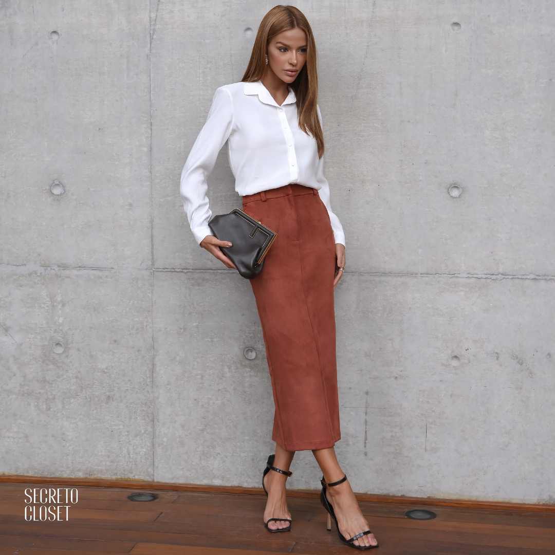 Saia Lápis Suede Valentina Camel