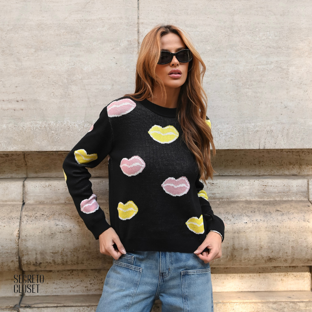 Blusa Trico Boca Annelore Preto