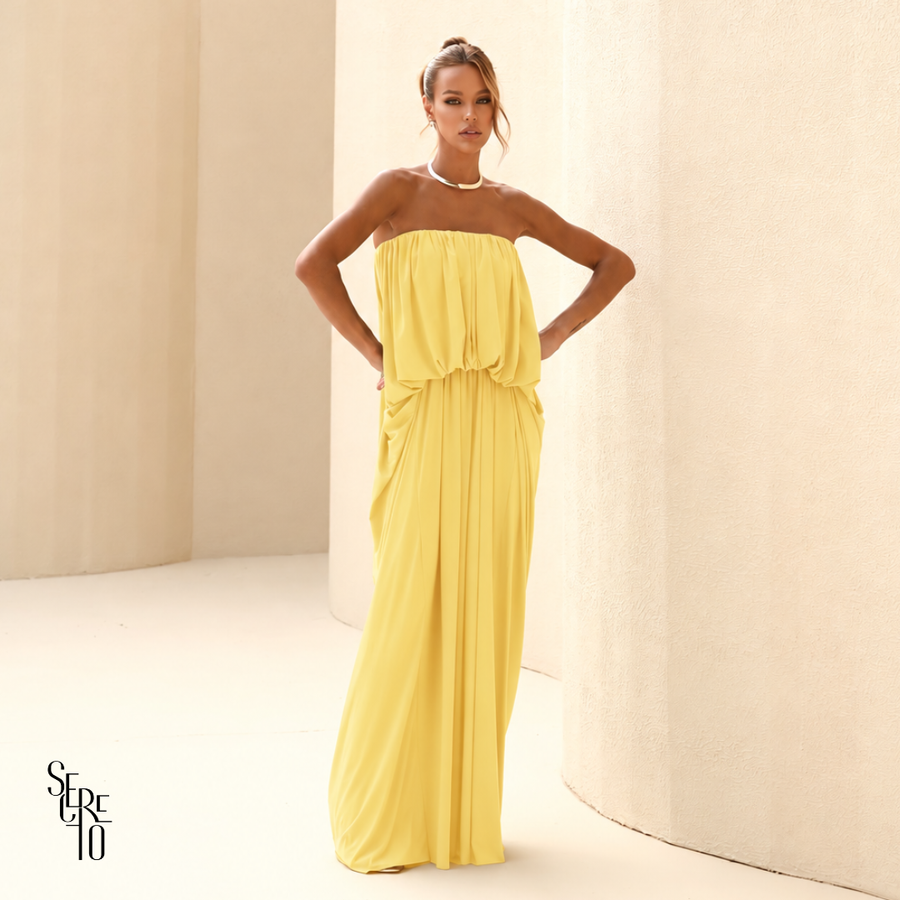 Vestido Longo Blusê Drapeado Hellena Camomila