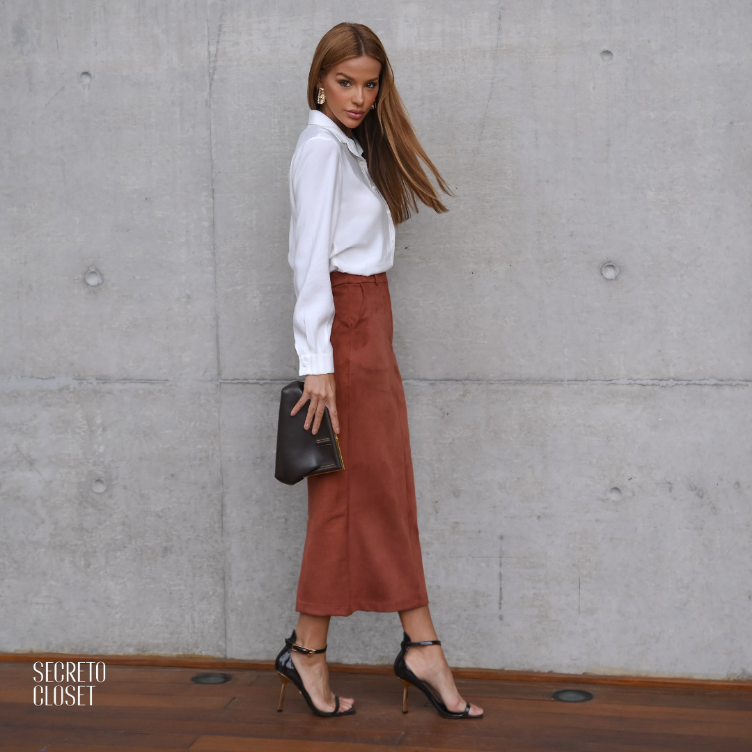 Saia Lápis Suede Valentina Camel
