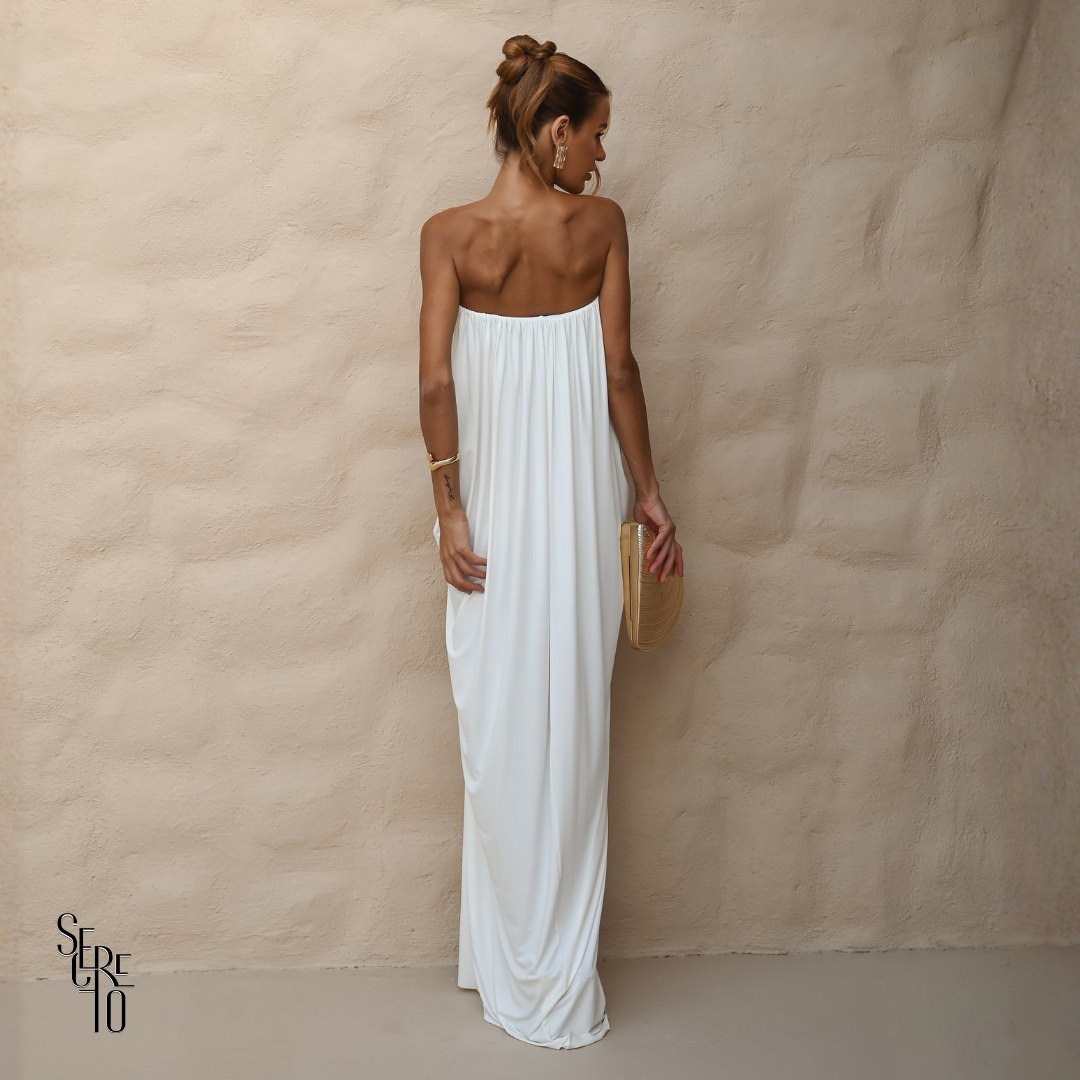 Vestido Longo Blusê Drapeado Hellena Branco