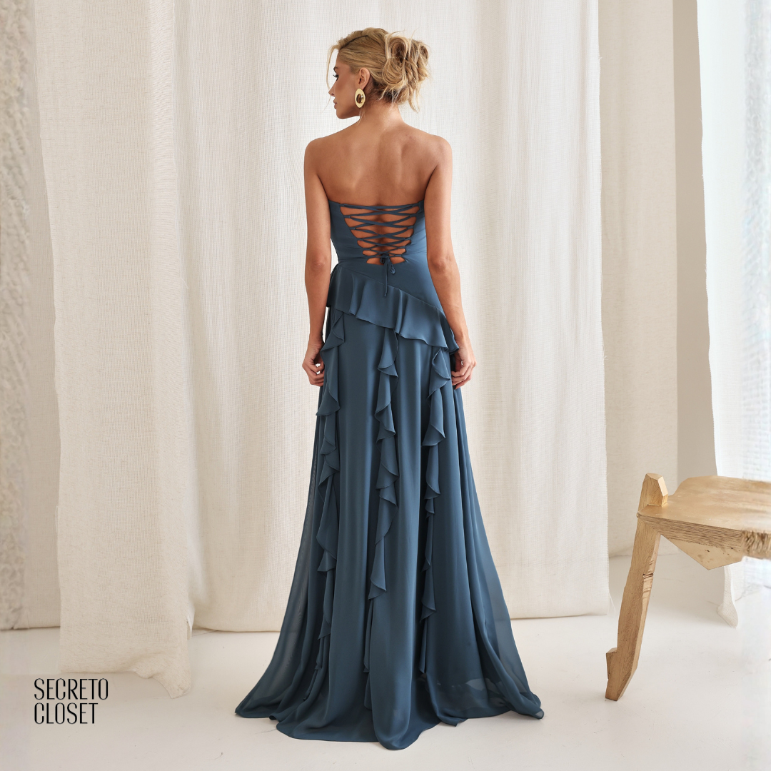 Vestido Longo Babados Eleonore Azul Garrafa