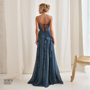 Vestido Longo Babados Eleonore Azul Garrafa