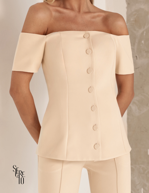 Conjunto Blusa Ombro e Calça Alfaiataria Anya Areia